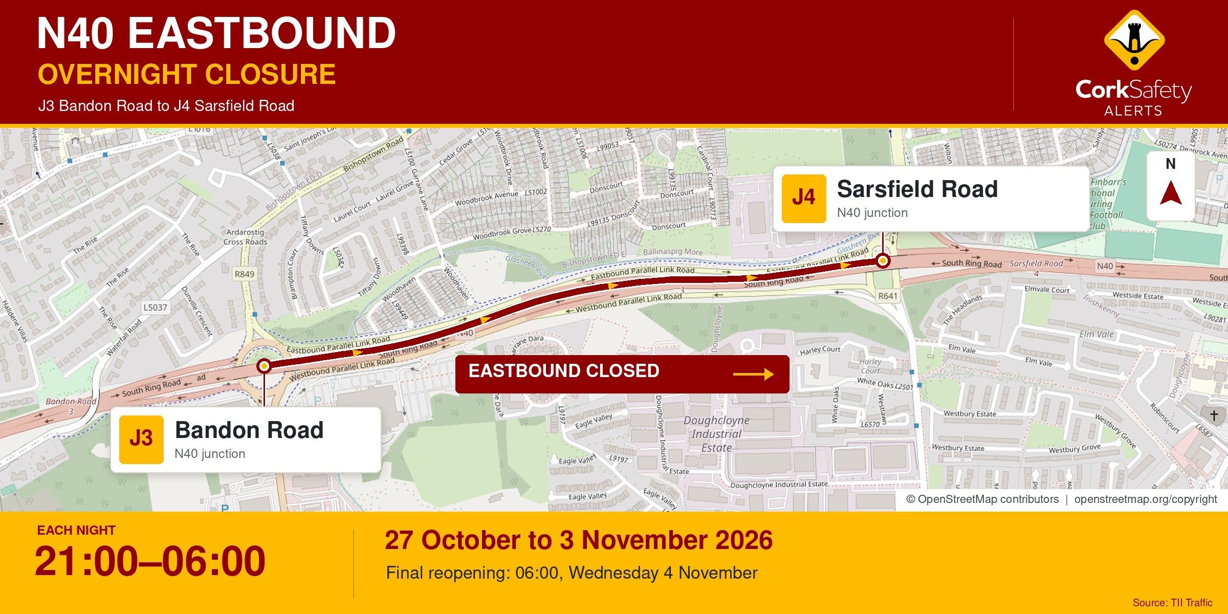 N40 Eastbound Closed Overnight Between Junction 3 Bandon Road and Junction 4 Sarsfield Road