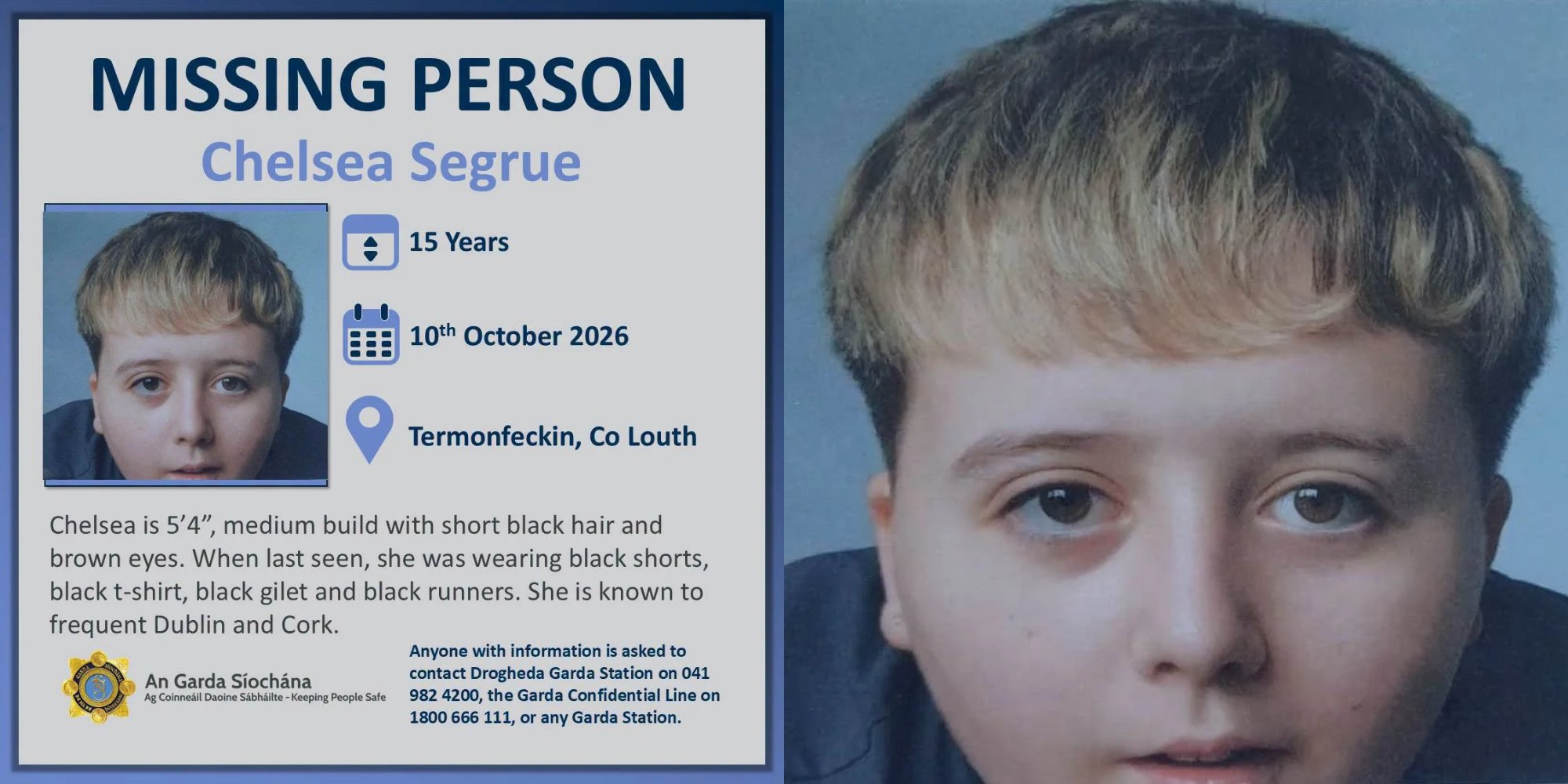 Missing Person Appeal: Chelsea Segrue - 15 - Termonfeckin, Known to Frequent Dublin and Cork